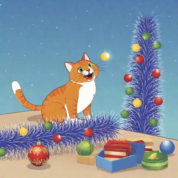 Humorous Cartoon Image Cat Perched Atop Table Shiny Tinsel Scattered — Stock Photo, Image