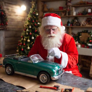 A close-up of Santa's hands carefully painting a toy car in his workshop. clipart