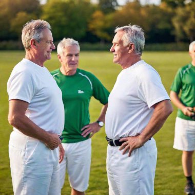 Caucasian players discussing tactics, with deep focus highlighting their engaged expressions while the field around them is softened. clipart