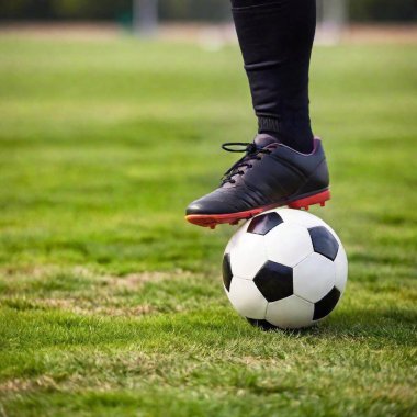 Macro of male athlete foot kicking soccer ball on football stadium. Cropped section  clipart