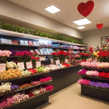 Gift shop decorated for Valentine Day, showcasing various gifts like custom-made cards, floral arrangements, and artisanal chocolates clipart