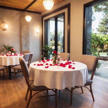 Cozy cafe decorated for Valentine's Day, with tables adorned with rose petals and centerpieces, creating a romantic dining experience. clipart