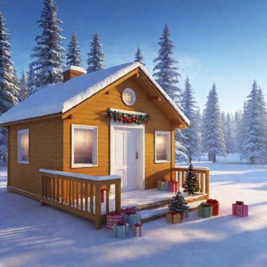 A winter wonderland scene featuring a cabin with a porch full of colorful gifts. clipart