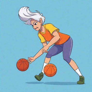 Grey haired woman dribbling two basketballs simultaneously, with comical exaggeration and vibrant colors, action shot. clipart