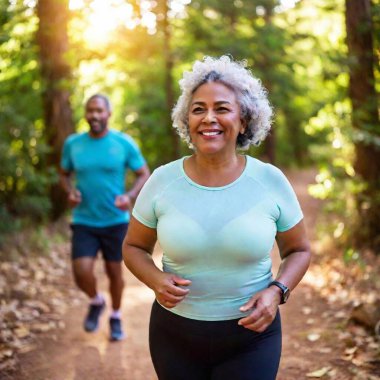 medium close-up, eye-level shot of a Latino senior couple running through a forest trail, with shallow focus on their energetic movement while the blurred background reveals tall trees and dappled sunlight filtering through the canopy. clipart