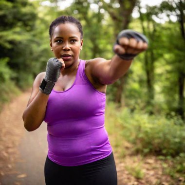 african american sportswoman in sportswear running in forest clipart