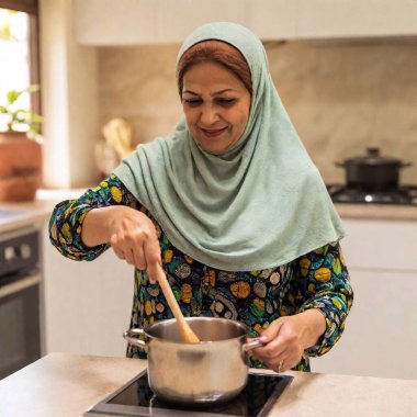 muslim woman cooking and making traditional bread at home. clipart