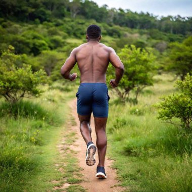 African man is sprinting, his powerful strides highlighting his athleticism against a scenic backdrop. clipart