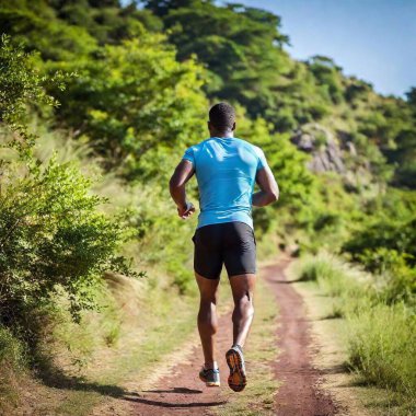 African man is sprinting, his powerful strides highlighting his athleticism against a scenic backdrop. clipart