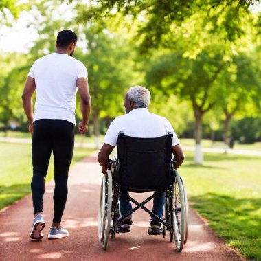 senior man walking with his disabled wife in park clipart