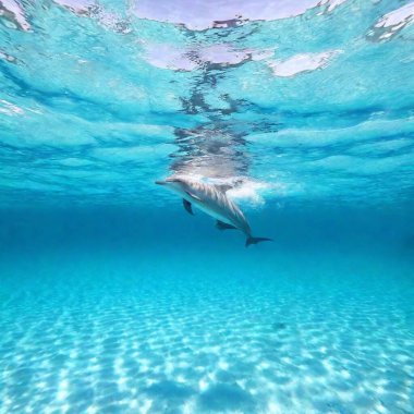 A full shot of a person swimming in a serene ocean, surrounded by playful dolphins and shimmering sunlight reflecting on the water. clipart