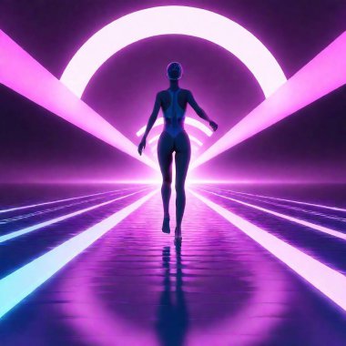 Futuristic swimmer in sleek, tech-inspired swimsuit, gliding through glowing cybernetic pool clipart