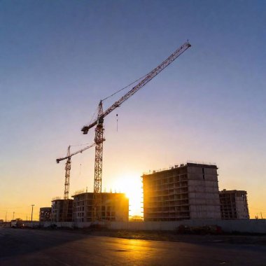 low angle shot of a construction site, with the sun setting behind the cranes, casting long shadows clipart