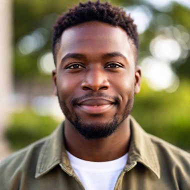 A close-up portrait of an African-American male confidently embracing his identity, showcasing self-acceptance and emotional intelligence. The split diopter focuses on his proud expression while blurring the background clipart