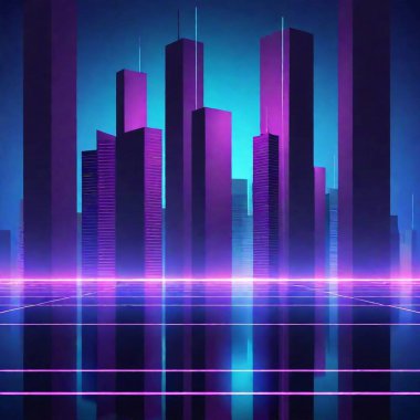 Futuristic digital cityscape with vibrant neon colors. clipart