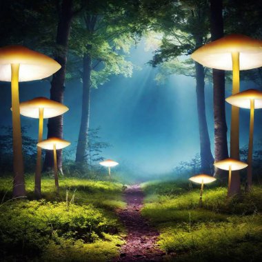 Magical forest scene at night with glowing mushrooms and ethereal light effects. clipart