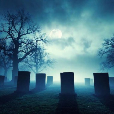 Spooky graveyard scene with glowing tombstones and fog effects for Halloween event. clipart