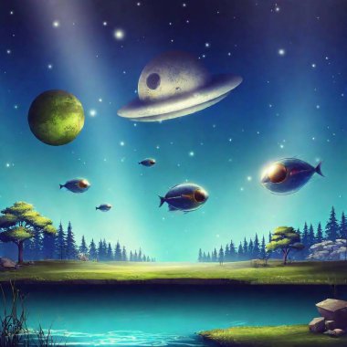 Cartoon art piece depicting magical world with floating creatures and light effects. clipart