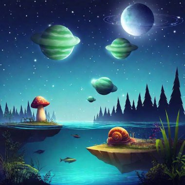 Cartoon art piece depicting magical world with floating creatures and light effects. clipart