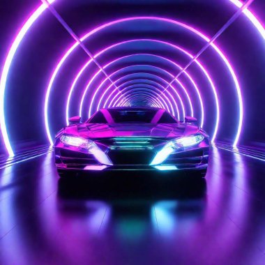 Futuristic vehicle zooming through neon-lit tunnel with motion effects. clipart