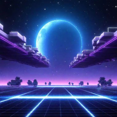 Futuristic landscape with floating islands and neon bridges clipart