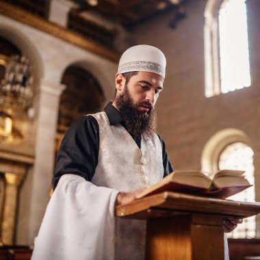 portrait of young man in the mosque with holy book clipart