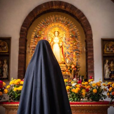 A close-up view of a woman seen from behind, her black veil framing her silhouette as she kneels in front of a beautifully lit statue of the Virgin Mary, surrounded by colorful floral arrangements for Virgin of Guadalupe Day clipart