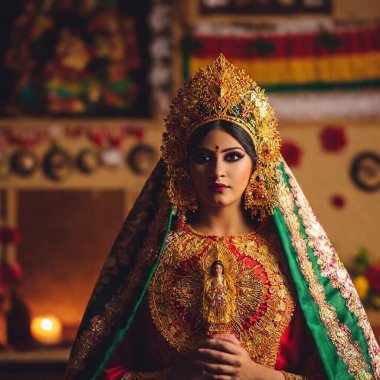 A close-up view of an indigenous woman, holding a beautifully crafted icon of Saint Mary, with intricate details on her traditional clothing, and surrounded by softly flickering candles during the celebration of Virgin of Guadalupe Day clipart