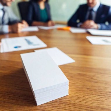 close-up view of business cards and creative business people working in a office. clipart