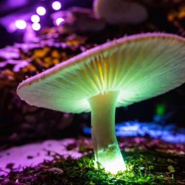 An extreme close-up of the surface of a glowing mushroom cap, showing intricate, luminescent patterns that pulse with magical energy. In the background, soft glows from other mushrooms create a mystical, ethereal atmosphere. clipart