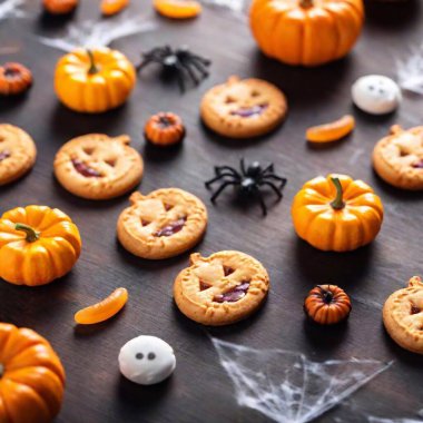 Flat Lay of Halloween Treats with Spiders and Webs. An establishing shot of a flat lay design featuring an assortment of Halloween treats, including pumpkin cookies and spider-shaped candies clipart