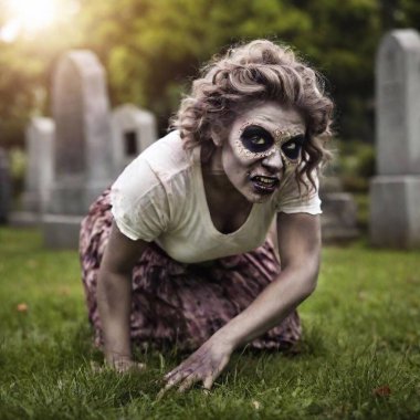 Zombie Creature in a Graveyard. female zombie creature crouched in a graveyard clipart