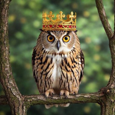 A funny illustration of an owl wearing a comically large crown, posing like royalty on a throne made of branches, with a goofy yet regal expression that brings humor to the scene. clipart