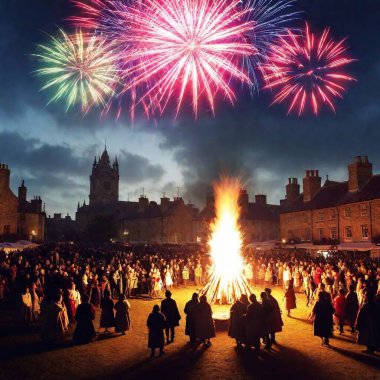 An illustration showcasing a medieval crowd during Guy Fawkes Night in historic London. clipart