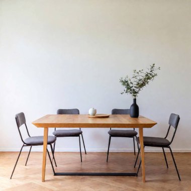 Monochrome interior of a dining room in modern contemporary scandinavian style, furniture design clipart