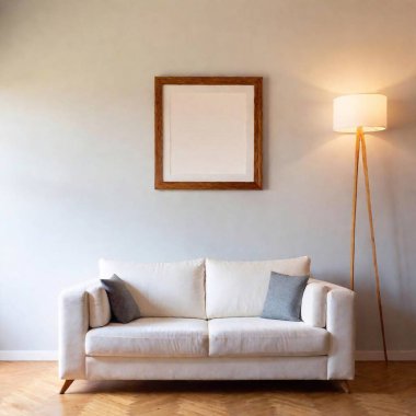 White sofa against wall with sconces and frame. Mid-century interior design of modern living room. clipart