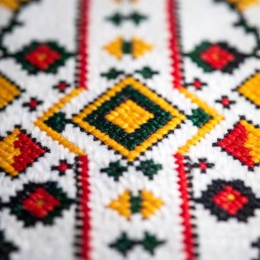 Macro image of Lithuanian folk embroidery, showcasing the fine details of cross-stitch patterns and traditional color schemes clipart