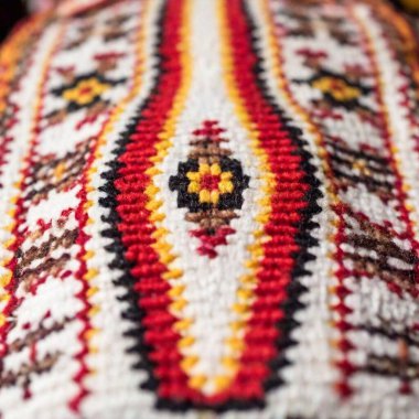 Macro view of Albanian folk embroidery, focusing on the fine details and colorful motifs stitched on traditional garments clipart