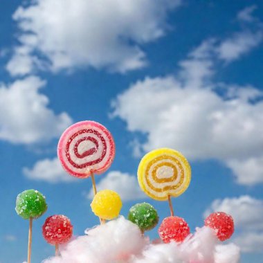 close-up shot of a colorful candy path made of gumdrops and candy canes, leading through a magical landscape of sweets on sticks, with a dreamy blue sky and fluffy cotton candy clouds overhead clipart