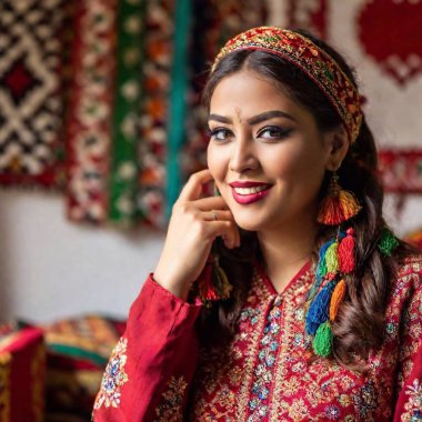 Uzbek woman in traditional clothing with geometric embroidery, sitting in a historic silk road bazaar clipart