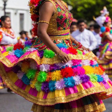 A close-up of a traditional Puerto Rican dress with vibrant embroidery, worn by a woman dancing during a festival clipart