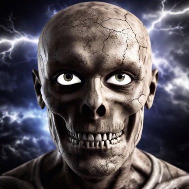 A close-up of a skeletal warrior's face, cracked and weathered, with glowing eye sockets filled with malice, set against a chaotic battlefield filled with the echoes of war and a dark, swirling sky clipart