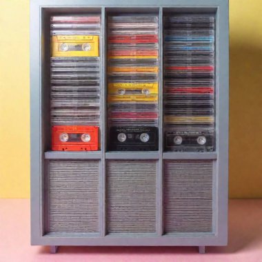 vintage cassette tape collection displayed in a shadow box. The focus is on the brightly colored tapes with hand-drawn labels, set against a pastel background reminiscent of the 80s.