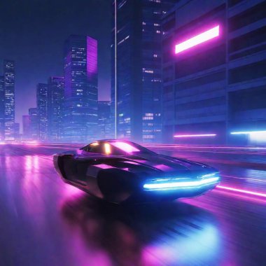 A sleek futuristic hover vehicle in high-speed motion, leaving a trail of light as it zips through a vibrant urban landscape with towering skyscrapers and neon lights clipart