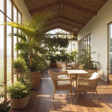 A retro-themed sunroom filled with wicker furniture, rattan chairs, and an array of lush indoor plants basking in the sunlight. clipart