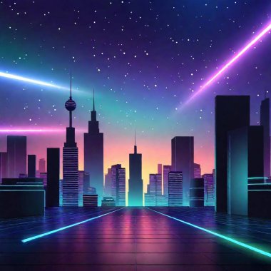 A dreamlike representation of an alien cityscape, with futuristic architecture illuminated by neon lights, as a colorful aurora dances overhead. clipart