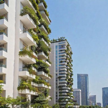 Urban green metropolis with vertical gardens on tall buildings integrating city growth and nature clipart