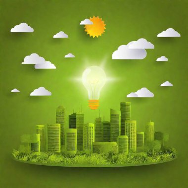 Eco friendly paper cut city with glowing bulb, sustainable energy, green design concept clipart