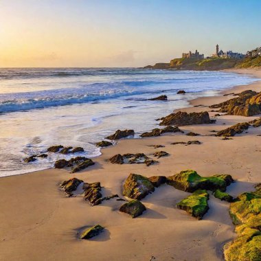 A mesmerizing beach scene with a sandy shore and rolling waves, leading inland to a magical kingdom in the distance, with towering castles and lush greenery filling the horizon clipart