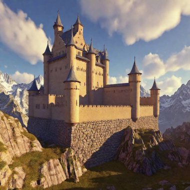 A majestic castle perched on top of the highest mountain in the kingdom, surrounded by a moat, with sharp spiky towers piercing the sky clipart